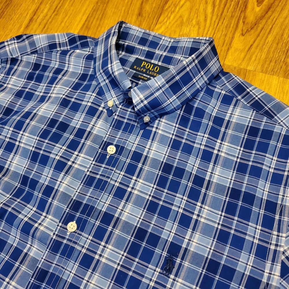 Polo Ralph Lauren Shirt Men XL Blue Plaid Long‎ Sleeve Slim Fit Preppy
